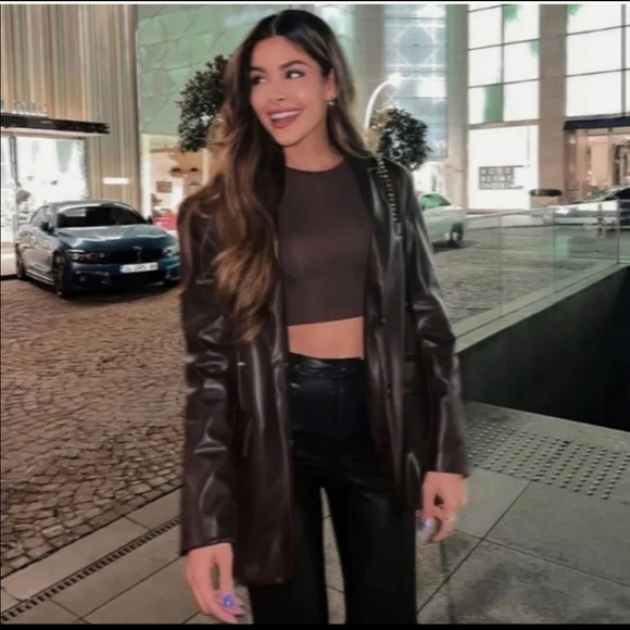 ZARA * Faux leather Oversized Straight blazer brown - Picture 11 of 15